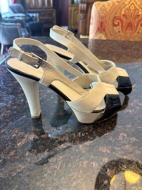 Nine West Cream and Black Peep-Toe Slingback Heels